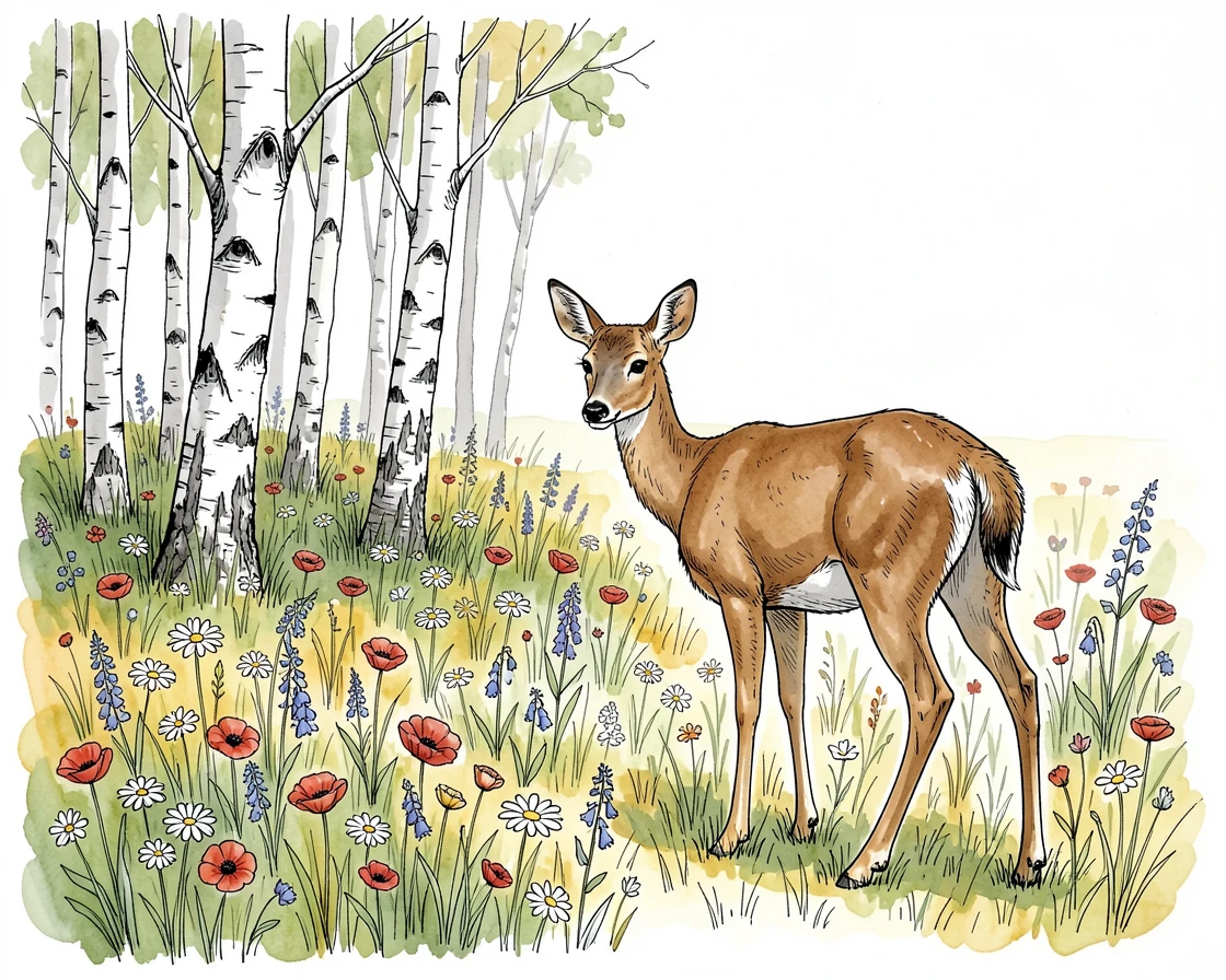 A meadow full of wildflowers at the edge of a birch forest, a deer pausing to look back over its shoulder