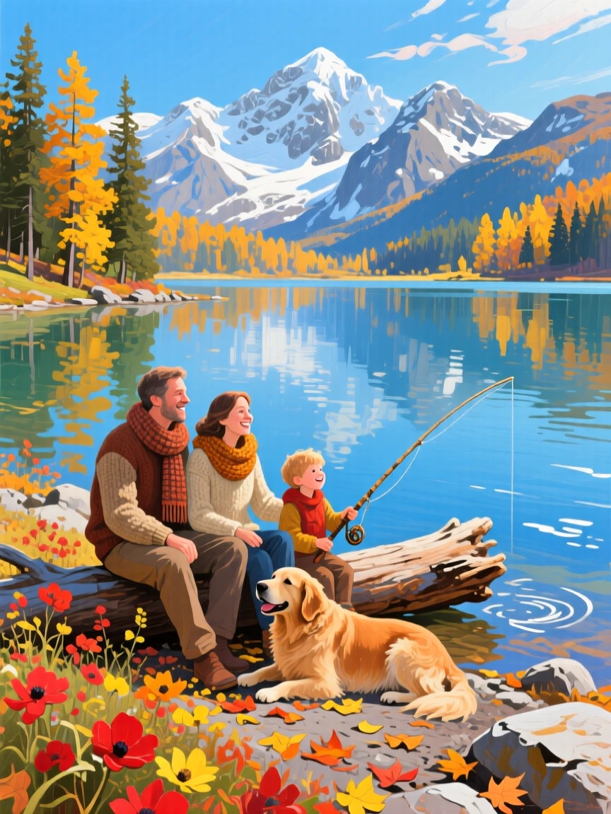 a family resting beside an alpine lake, on a clear autumn morning, with layered visual detail from foreground to horizon.