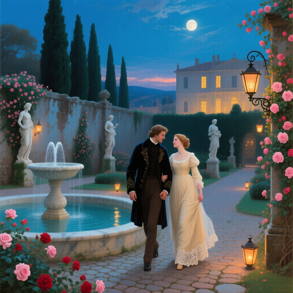At blue hour, Two lovers in a moonlit walled garden, walking hand in hand beside a fountain, surrounded by climbing roses, marble statues, and a palace glowing beyond the cypress trees; lanterns or windows punctuate the surrounding darkness, the scene balances grandeur with human warmth.
