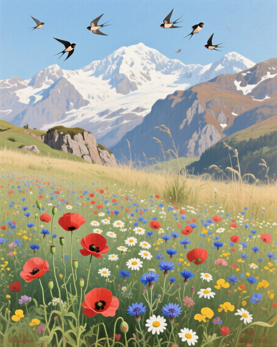A wildflower meadow bursting with color beneath a snow-capped range, as birds circle gracefully overhead, radiating tranquility and the timeless beauty of the natural world