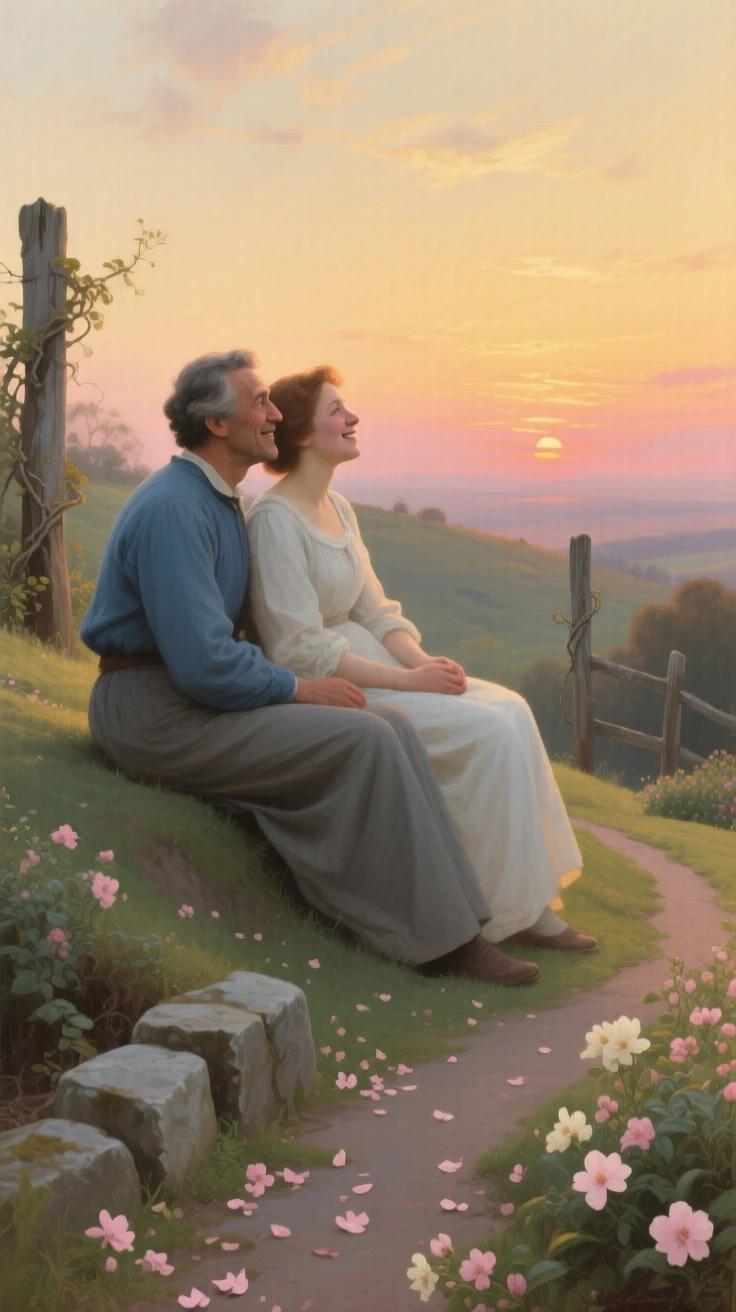 A couple watching a sunset together from a quiet hillside as laughter and love fill an otherwise ordinary afternoon, set beside a garden path scattered with fallen blossoms, with worn, familiar surroundings that speak of years shared together; a soft, blurred background keeps the emotional connection in sharp focus, capturing a fleeting moment worth holding onto forever.