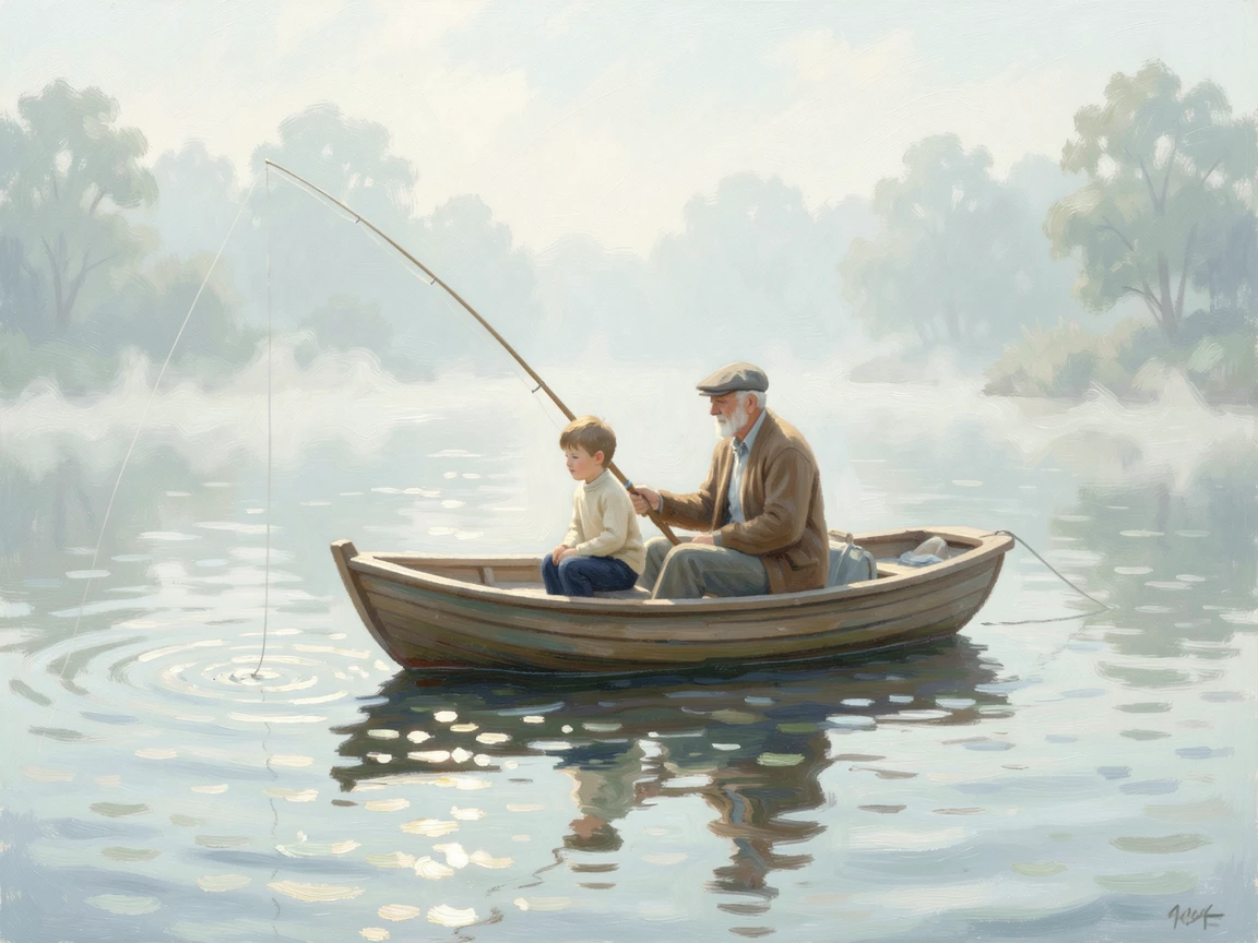 A grandfather and grandson fishing together from a small wooden rowboat on a misty morning lake.
