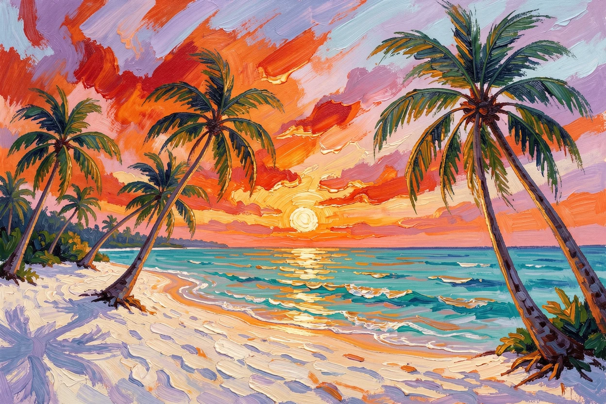 A tropical beach at sunrise, palm trees leaning over turquoise water and untouched white sand.