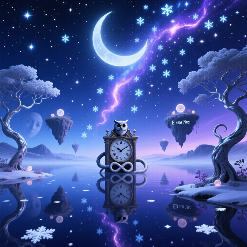 A night sky where stars fall slowly like gentle snow casts a soft glow across a still and quiet landscape, while the entire scene shimmers with quiet, cosmic stillness.