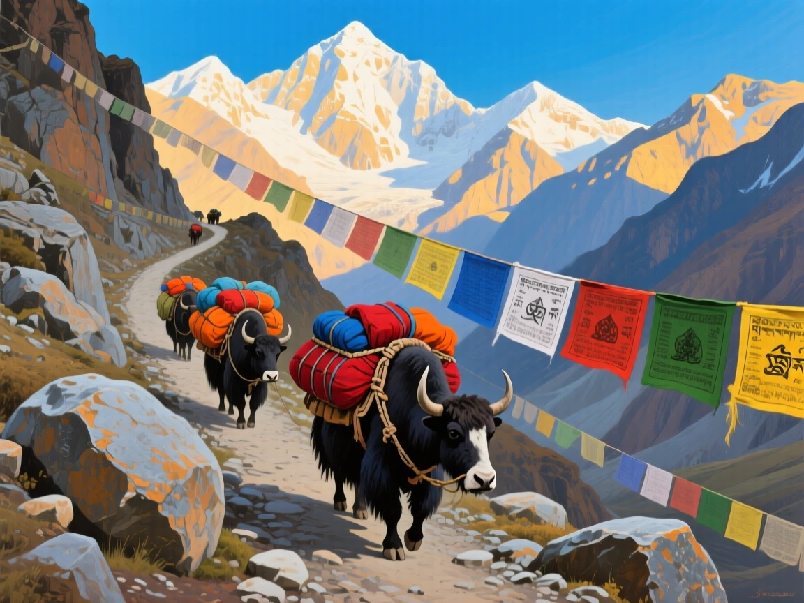 A winding mountain pass in the Karakoram reveals a caravan of yaks loaded with supplies, prayer flags strung between boulders, and distant eight-thousand-meter peaks glowing under a clear cobalt sky.