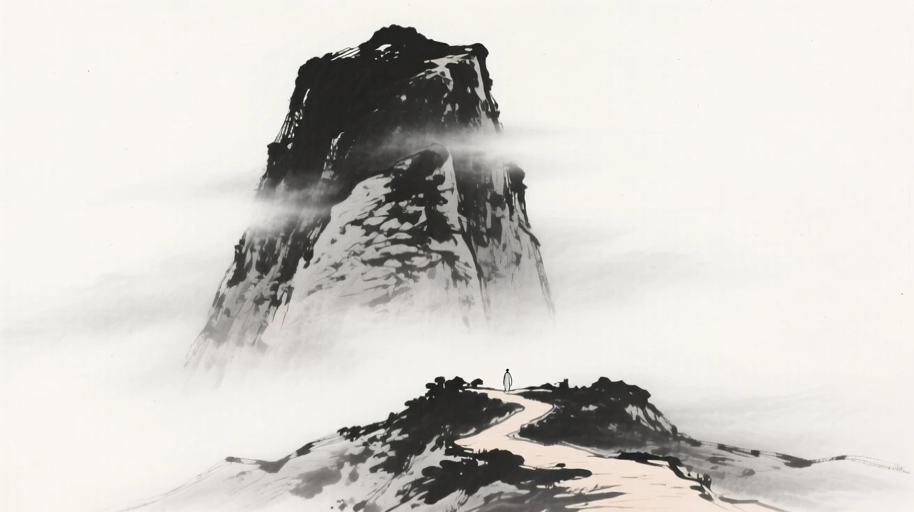 a solitary granite summit, half-hidden behind drifting fog, with a narrow footpath winding toward its base.