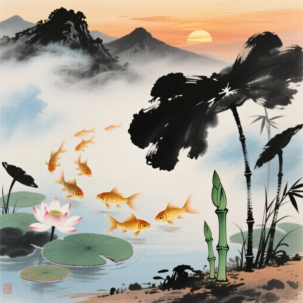 A school of goldfish gliding beneath floating water lilies, through swirling morning fog, as new bamboo shoots break through the soil, as the sun sets behind distant peaks.