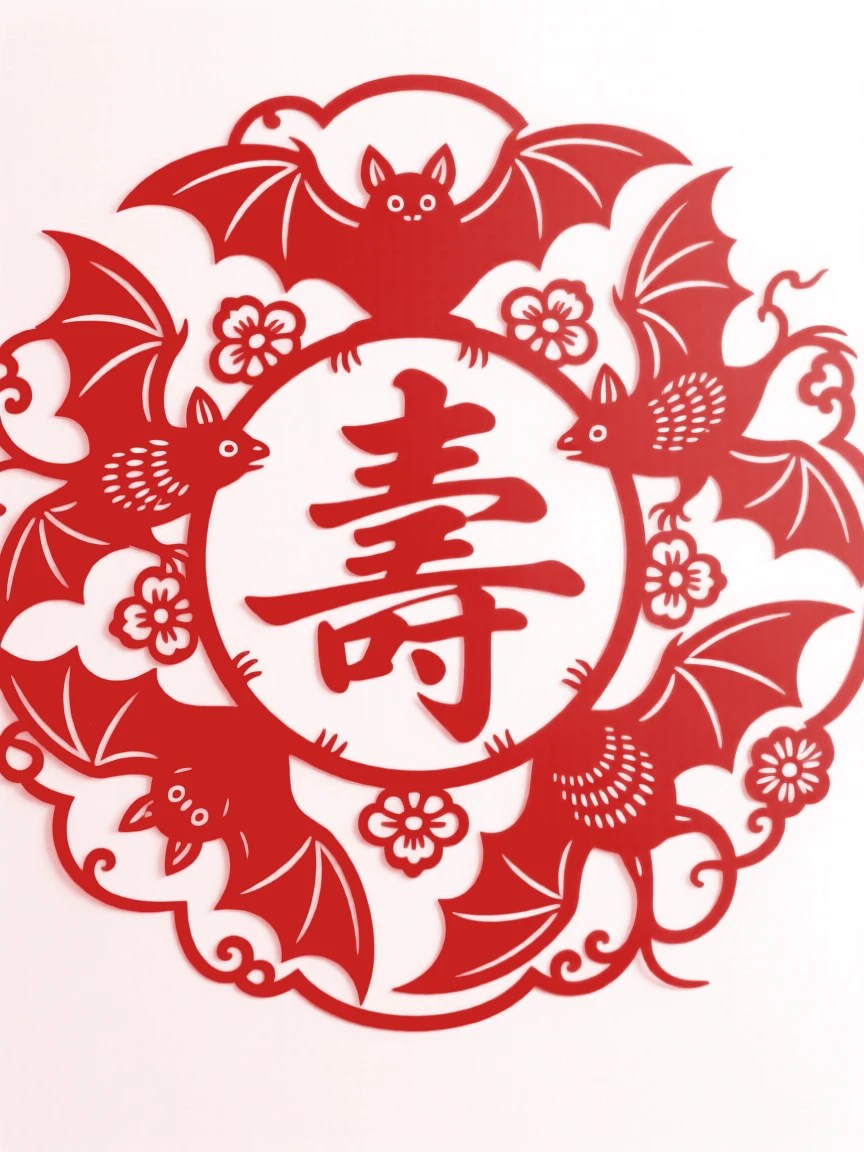 A cluster of five red bats circling a central shou character, forming a radiant mandala of blessing