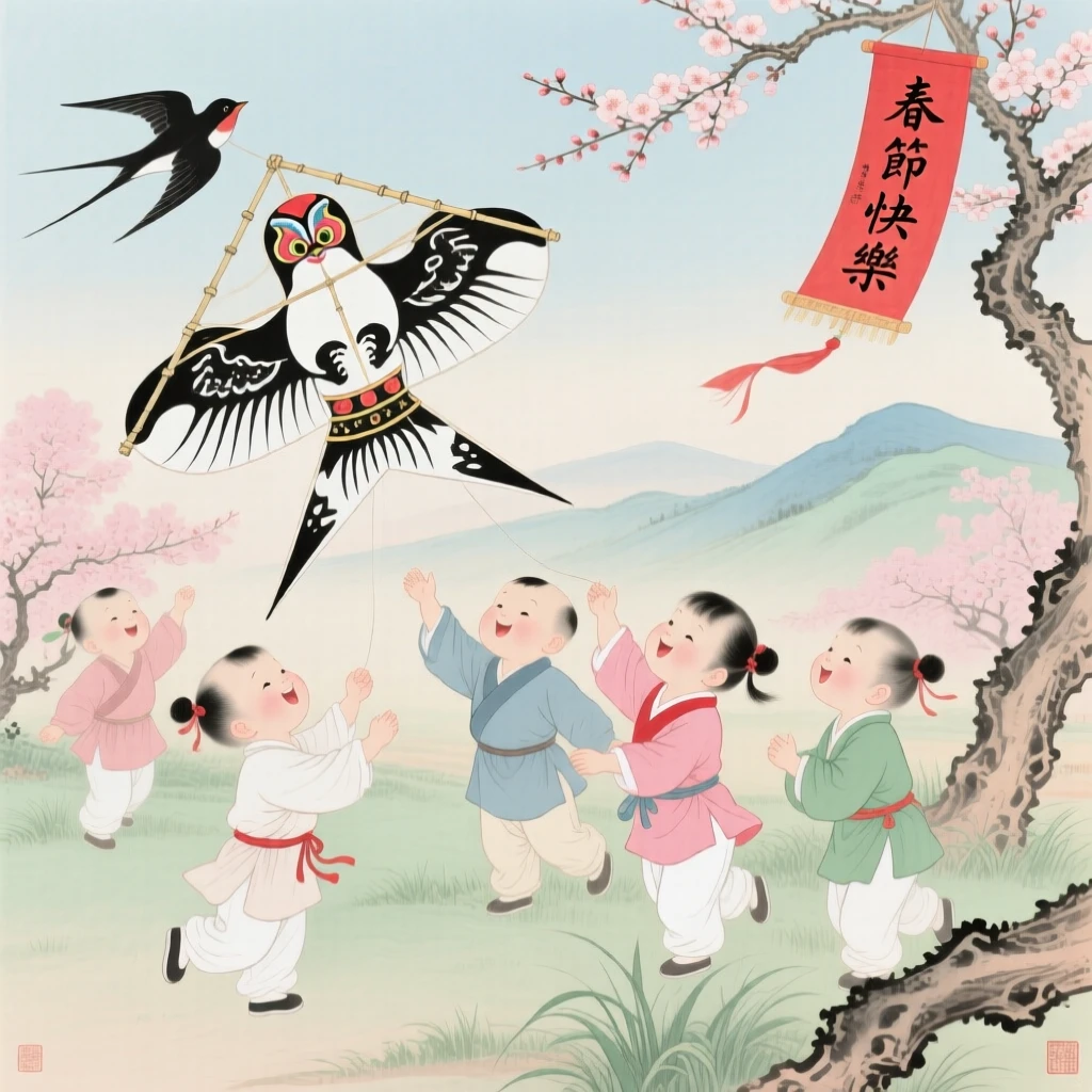 A spring festival with children releasing paper kites shaped like swallows