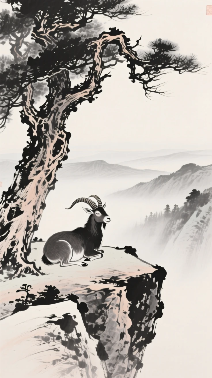 A mountain goat resting beneath a gnarled old tree on a rocky outcrop above a valley, viewed through a gentle veil of morning mist, capturing a fleeting, tender moment of wild life.