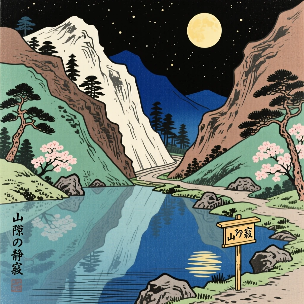 A narrow mountain pass, reflected in a calm mountain pond, under a full moon.