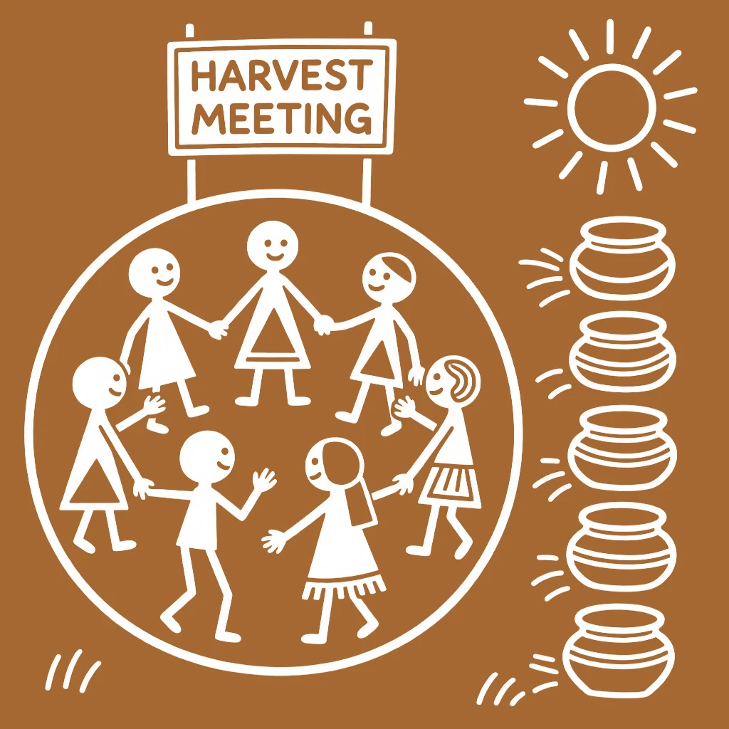 A group of neighbors forming a circle to discuss the harvest by a row of clay pots drying in the sun.
