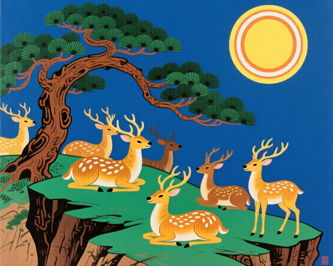 A herd of elk resting on a cliffside pine tree, under a full harvest moon.