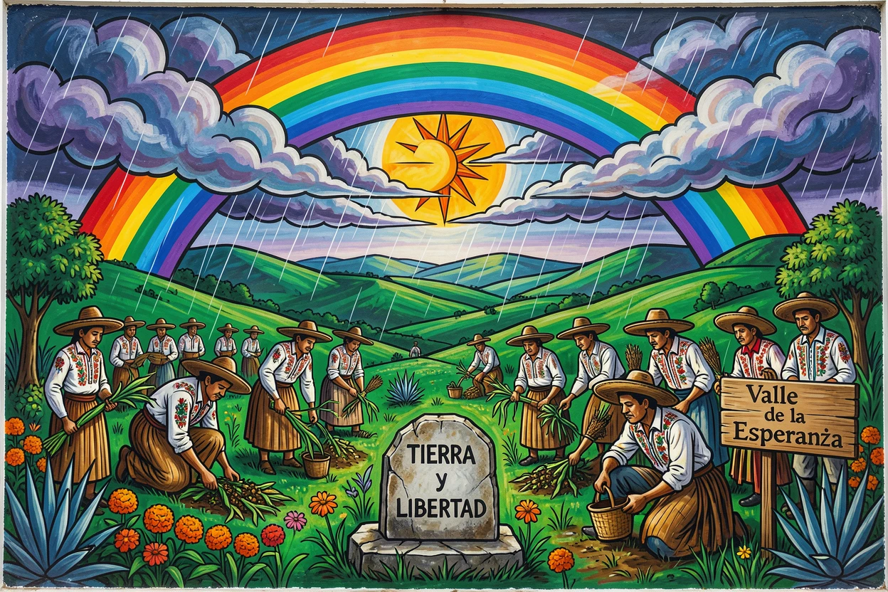 A rainbow arching over a green valley after a storm