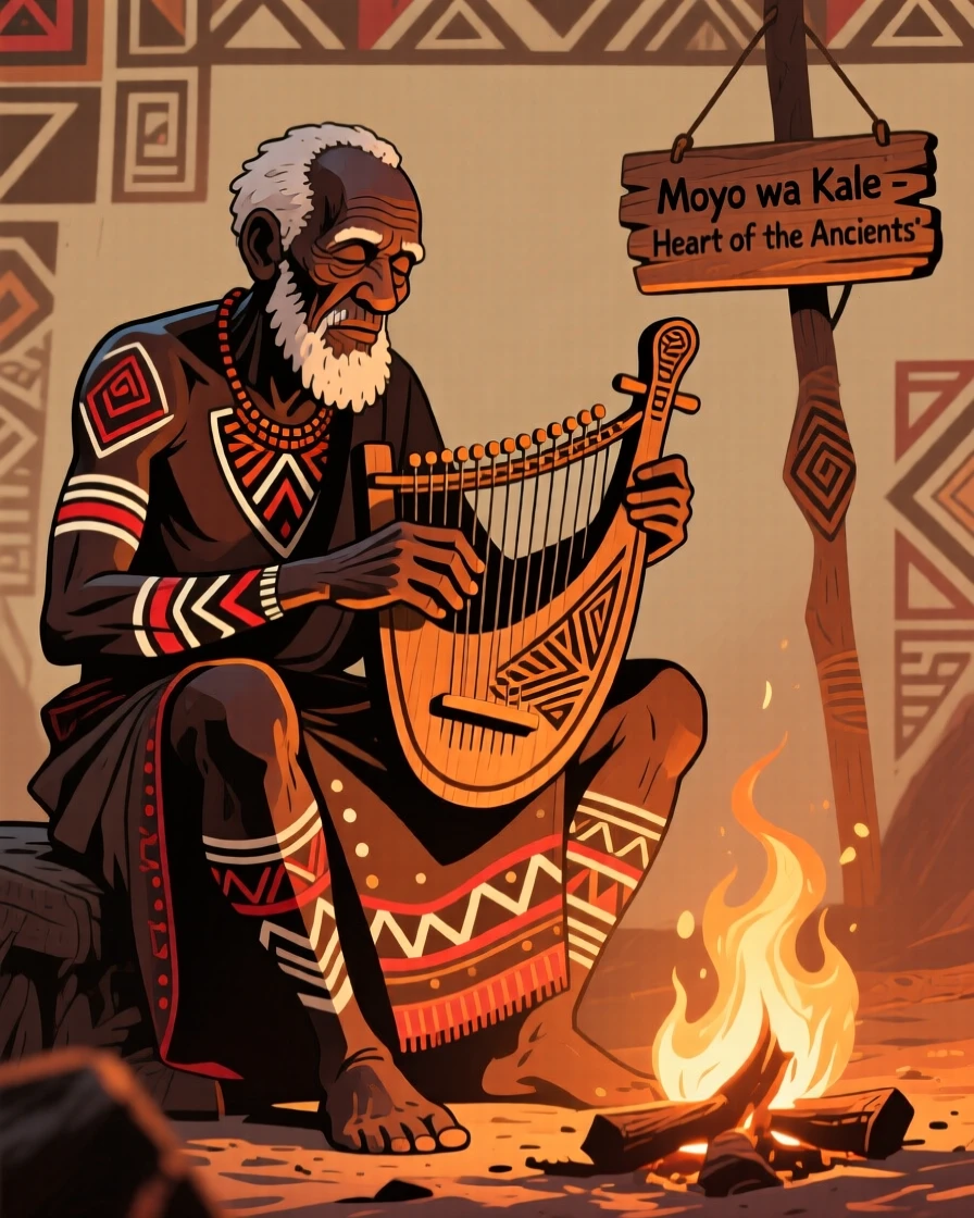 An old man playing a thumb piano by firelight.