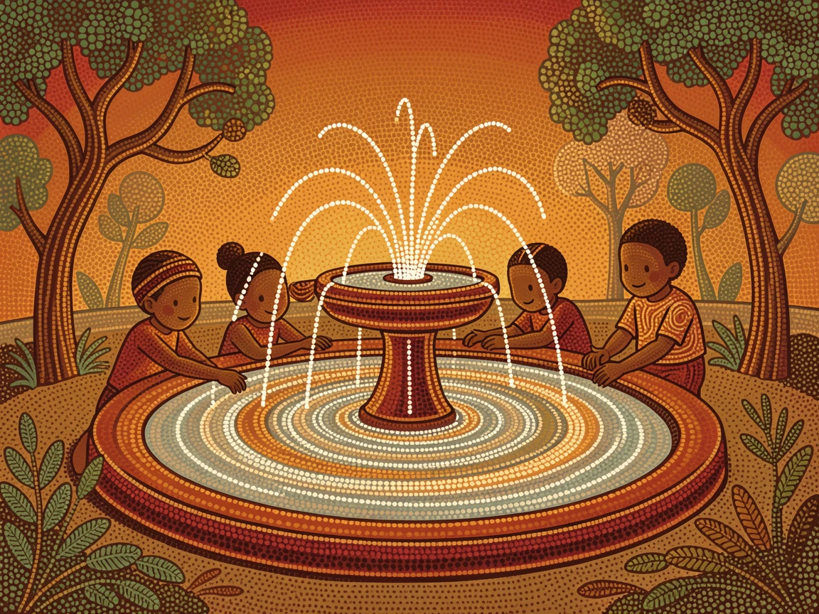 Children splashing in a village fountain at sunset