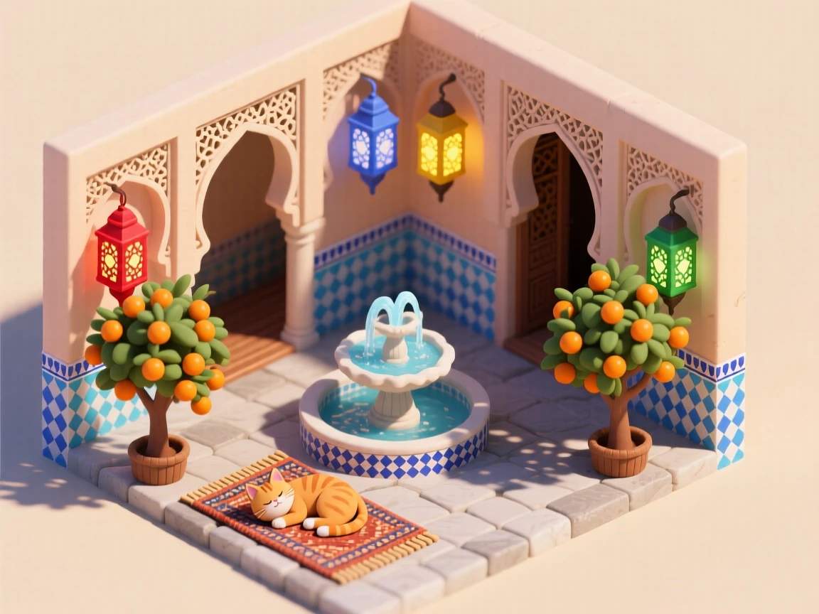 A Moroccan riad with an inner courtyard, a mosaic-tiled fountain, orange trees providing shade, colorful lanterns hanging from archways, and a cat curled on a woven rug.