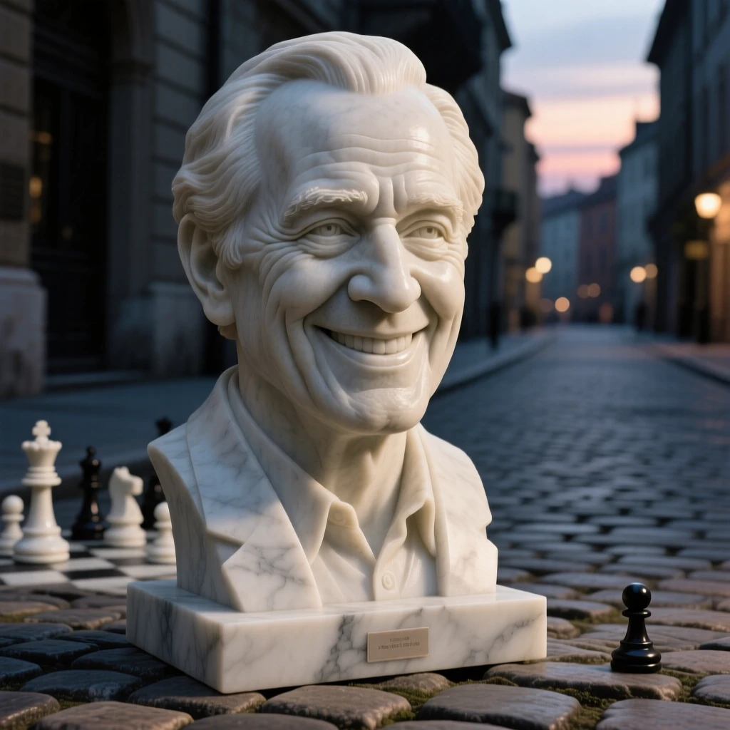 A close-up portrait of a chess grandmaster, smiling warmly at the viewer, on a quiet cobblestone street at dusk, radiating quiet emotion and dignity