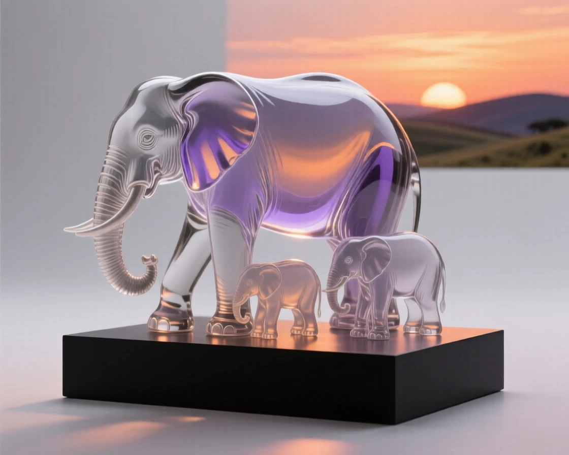 A family of elephants silhouetted against a dramatic sunset sky over rolling hills, warm orange and purple tones creating a serene, cinematic mood.