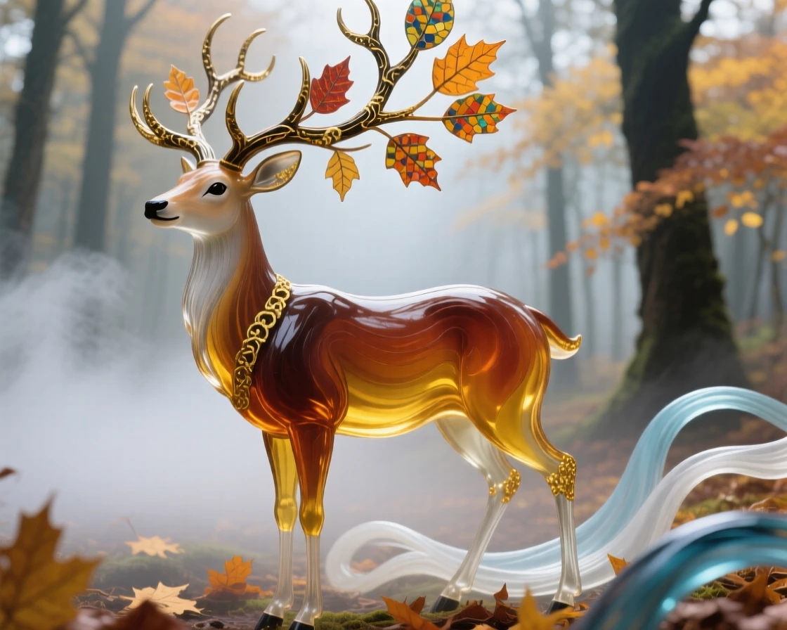 A majestic stag standing in a misty autumn forest clearing, antlers crowned with fallen leaves, noble and serene.