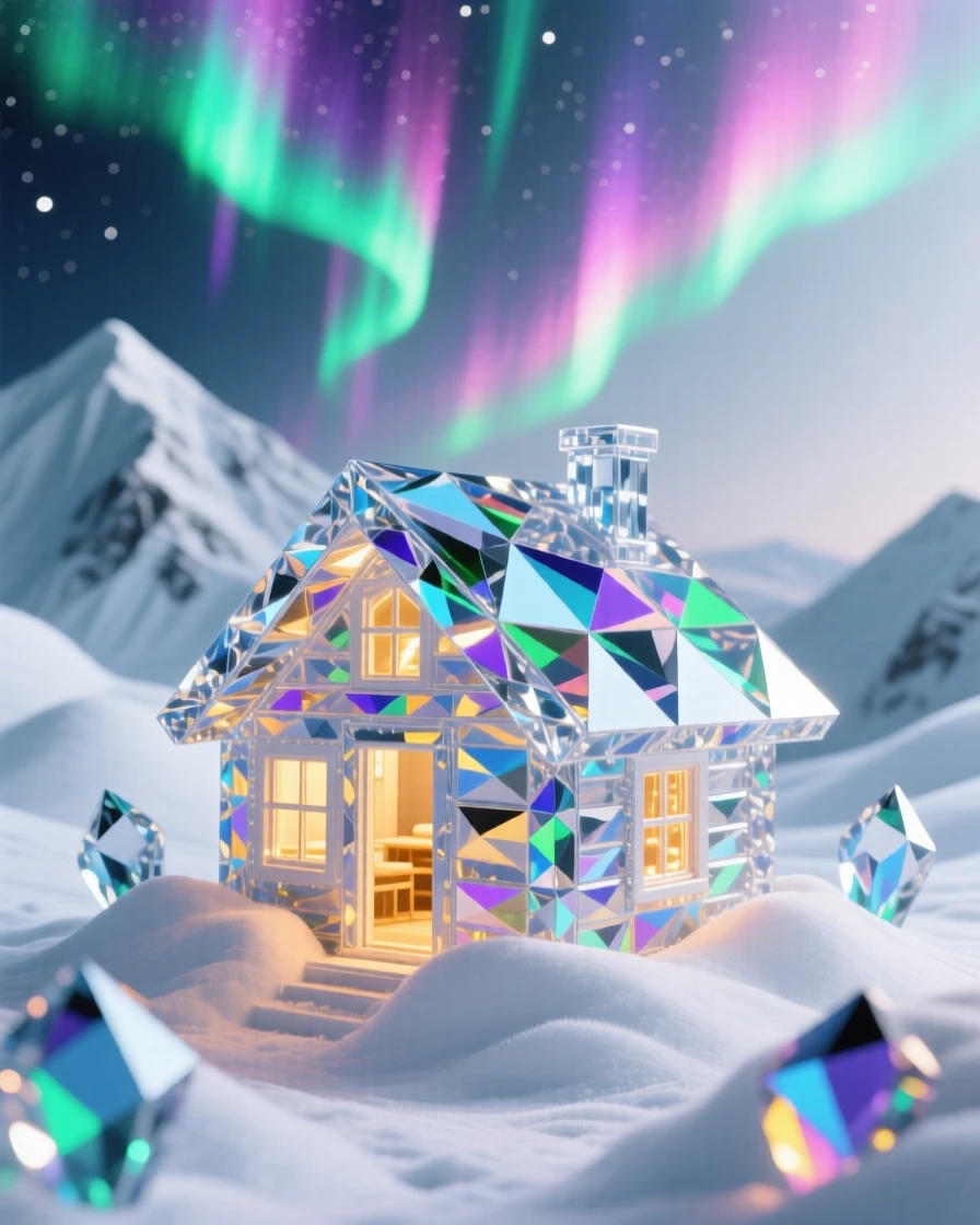 A remote mountain hut glowing with warm light, surrounded by snowdrifts under a sky full of aurora ribbons.