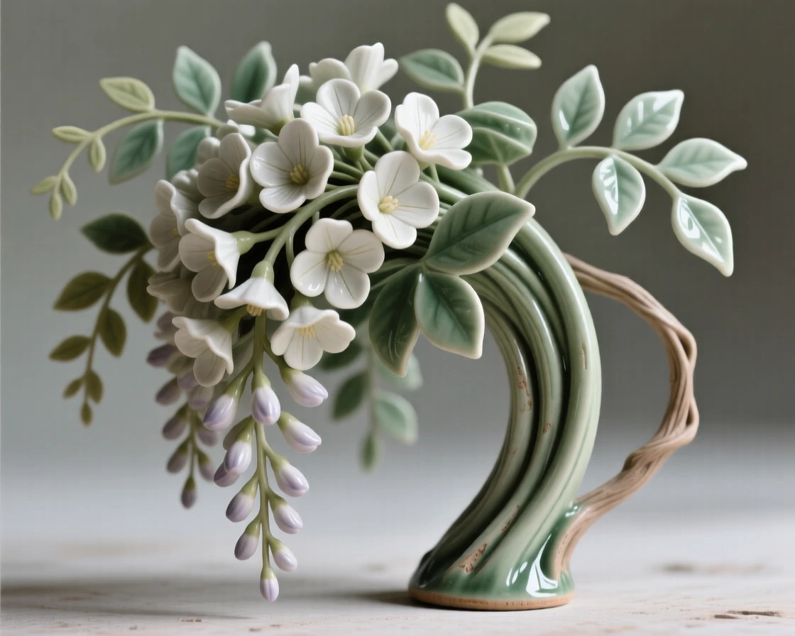 A cascading bouquet of wisteria blossoms framed by soft surrounding greenery, its stem gently arching under its own weight, evoking fragile beauty and quiet renewal.