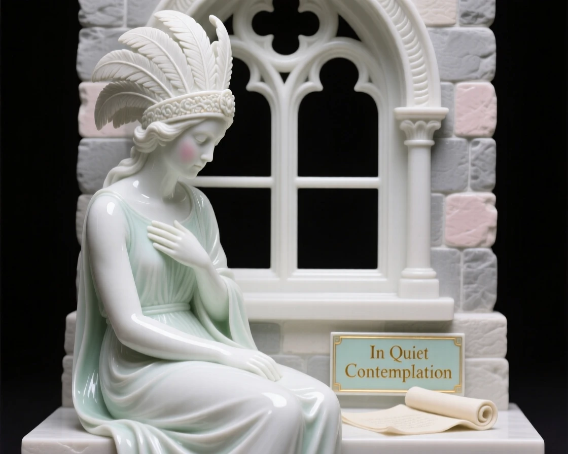 A poet seated in quiet contemplation, wearing a feathered ceremonial headdress, one hand resting gently over her heart, set against the arched window of a stone tower.