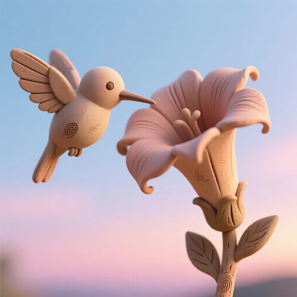 A hummingbird hovering beside a blooming trumpet flower at dawn