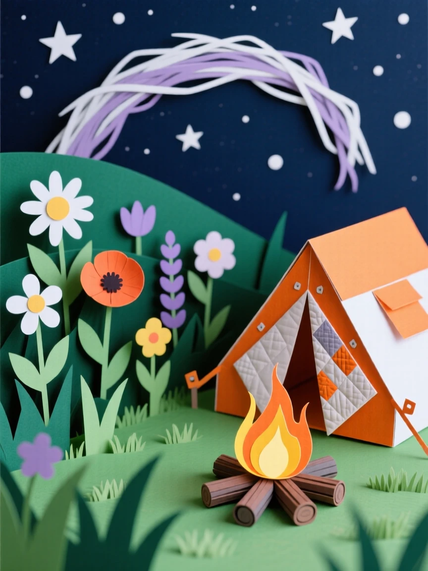 A meadow of wildflowers glowing under a sky full of stars, a single tent pitched near a small campfire, the Milky Way arching overhead, suggesting wonder and quiet adventure.