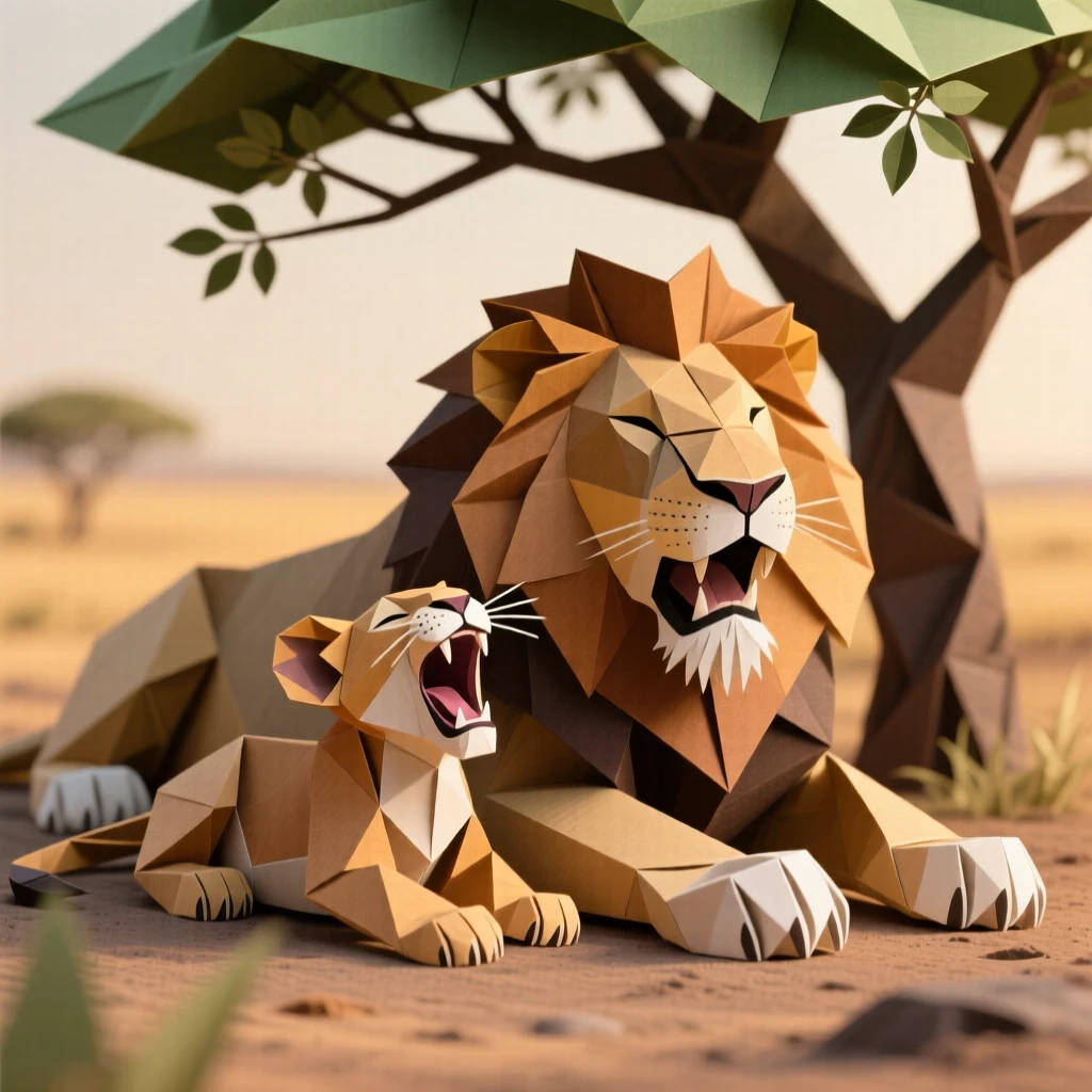 A lion cub yawning wide while sprawled across its mother's paws, pride resting in the shade of an acacia tree.