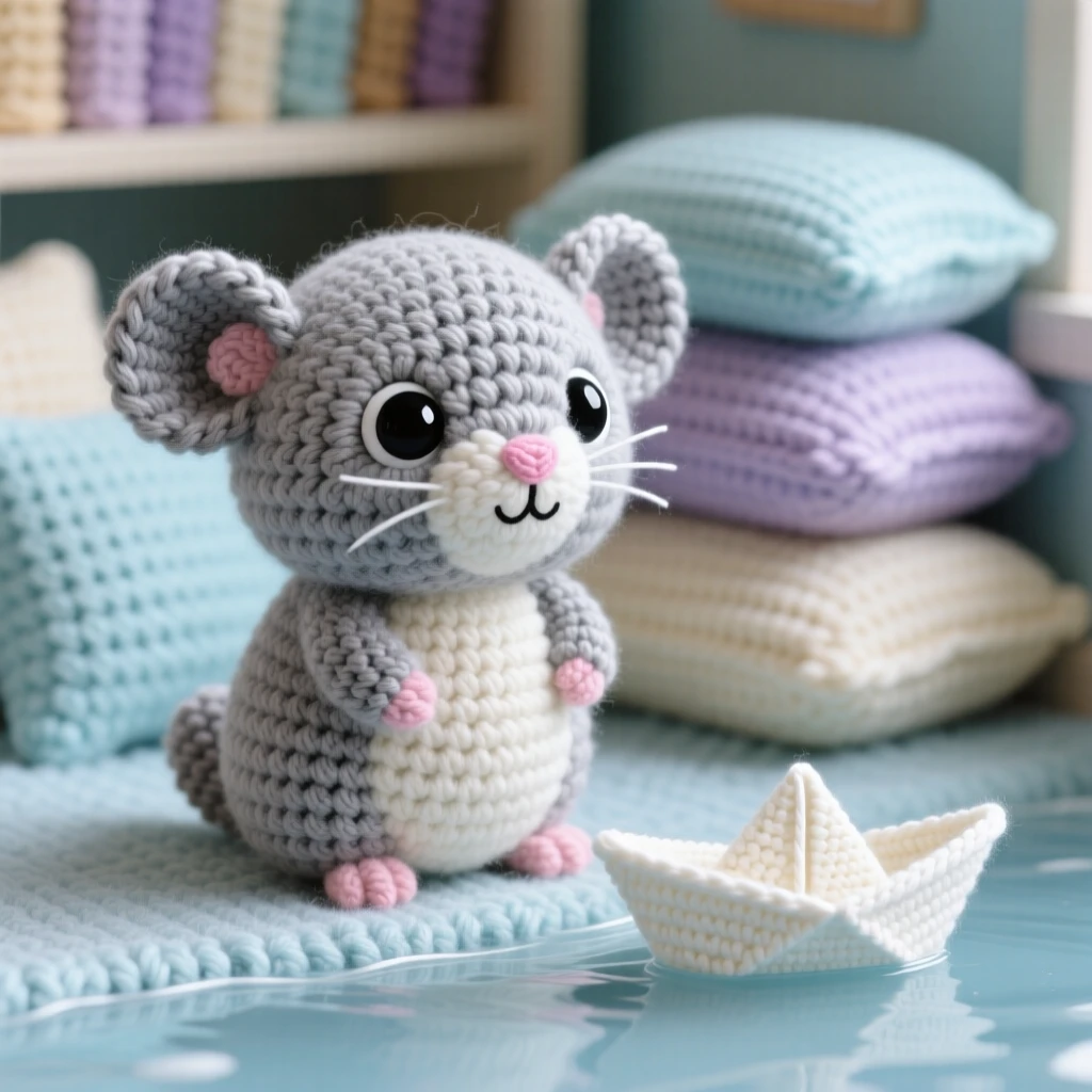 A heartwarming close-up of a small chinchilla, with dense silvery fur and round ears, sitting up on hind legs sniffing the air in a quiet library reading corner with soft cushions; a tiny paper boat floating nearby completes the scene, radiating a serene, storybook stillness.