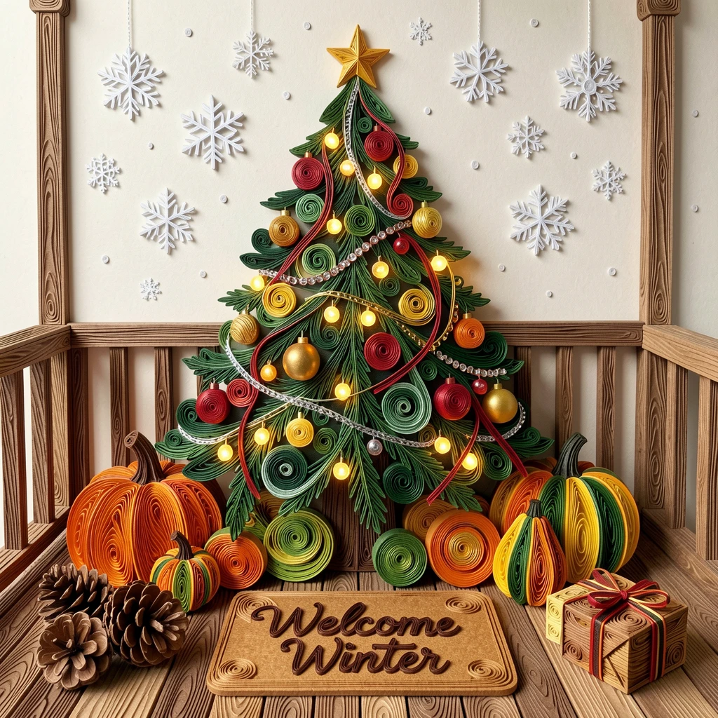 A festive holiday scene of a decorated Christmas tree glowing with warm lights on a cozy porch decorated with autumn gourds, with soft snowflakes drifting gently down, composed with rich layered foreground details.