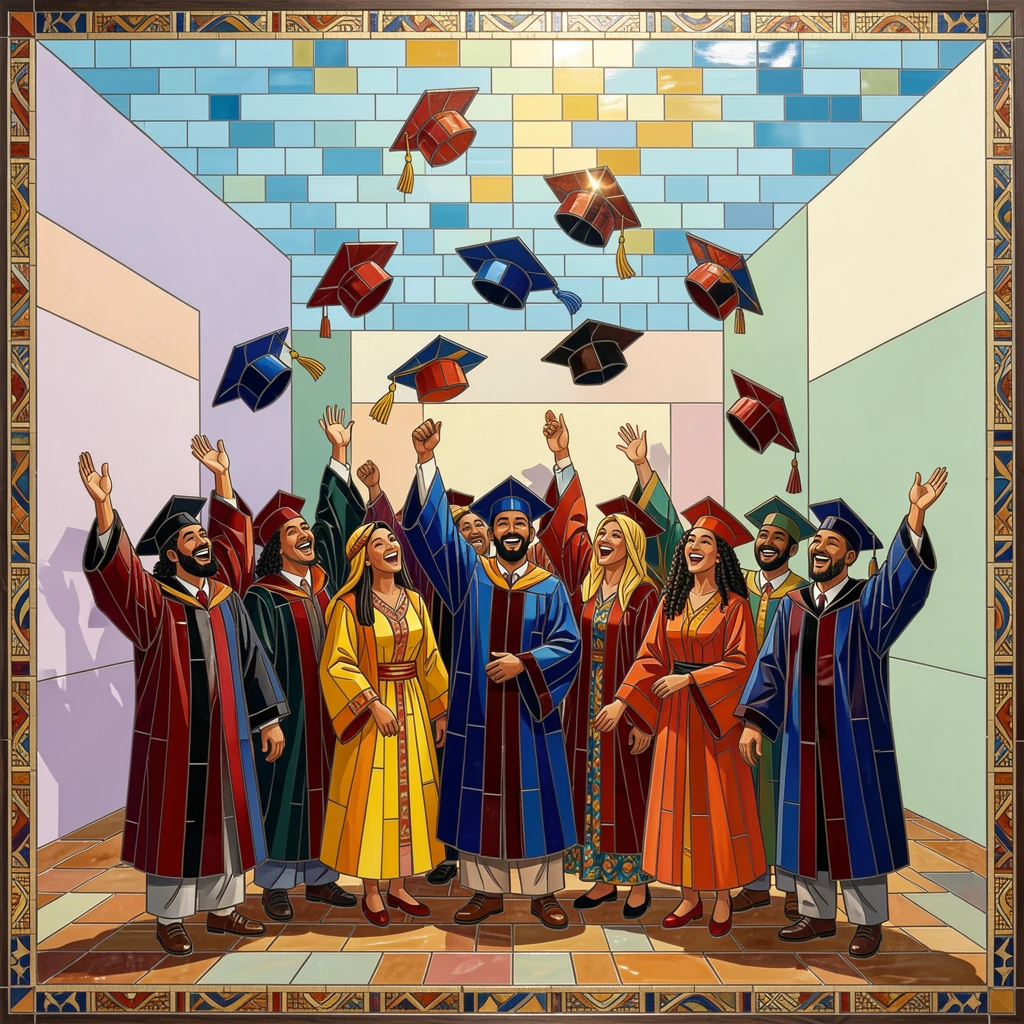 A vibrant, festive scene of a graduation ceremony with caps thrown joyfully into the air, rich in color and cultural detail.