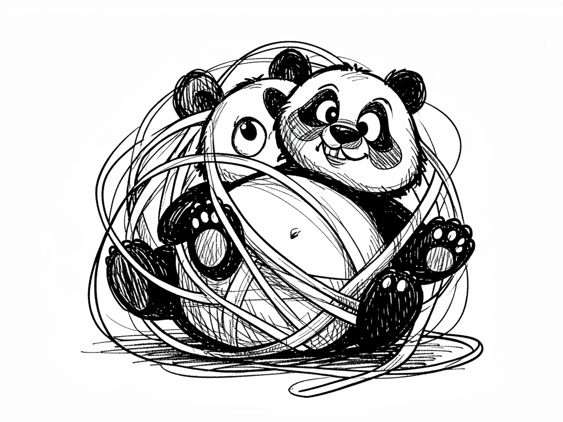 A round-bellied panda cub tangled in a ball of yarn.
