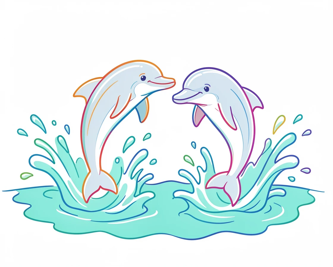 A pair of dolphins leaping together out of turquoise ocean water, water droplets arcing around them.