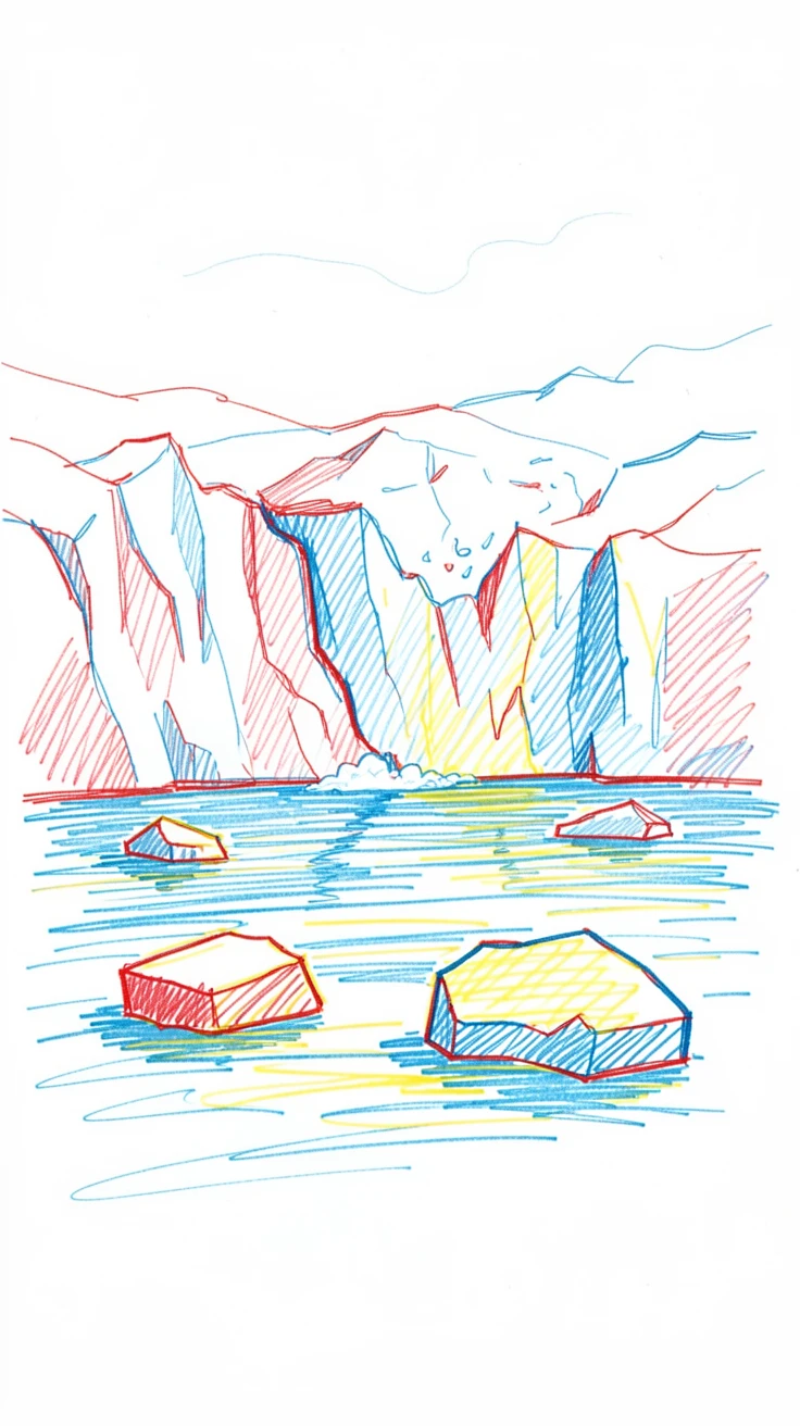 A glacier calving into icy blue water, fragments of ice floating in the foreground