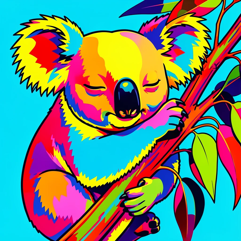 Sleepy koala hugging a eucalyptus branch