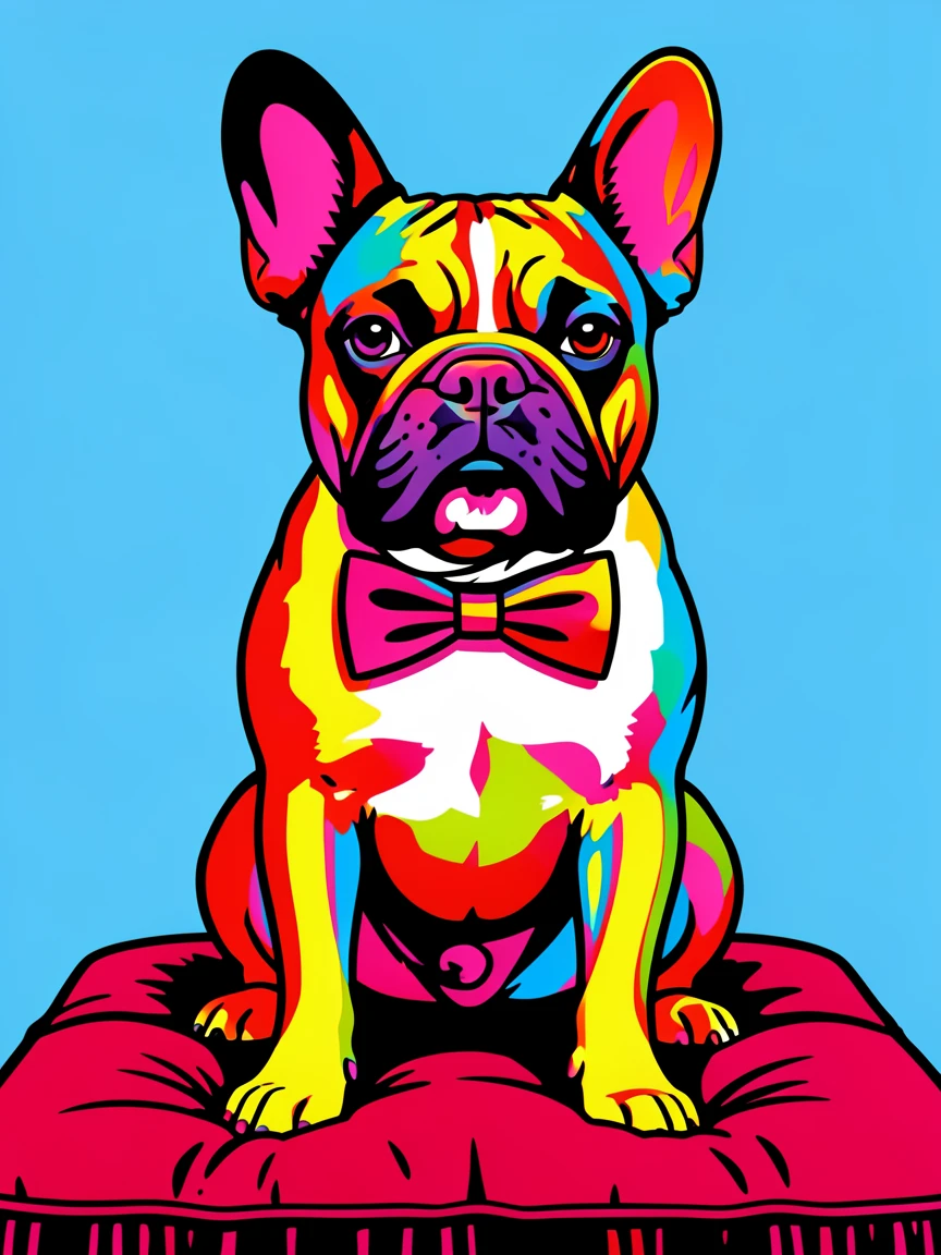 French bulldog wearing a bow tie sitting on a velvet cushion