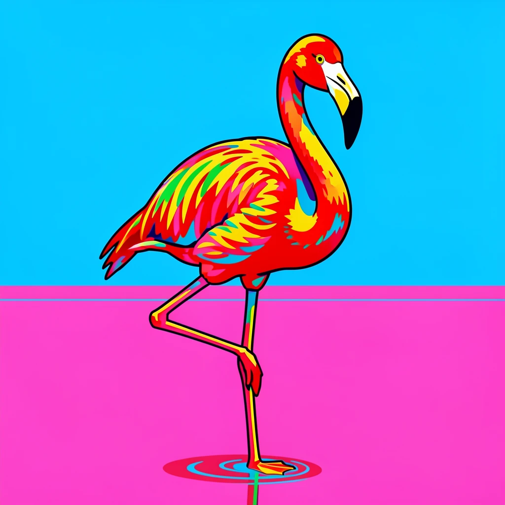 Flamingo standing on one leg in shallow pink water