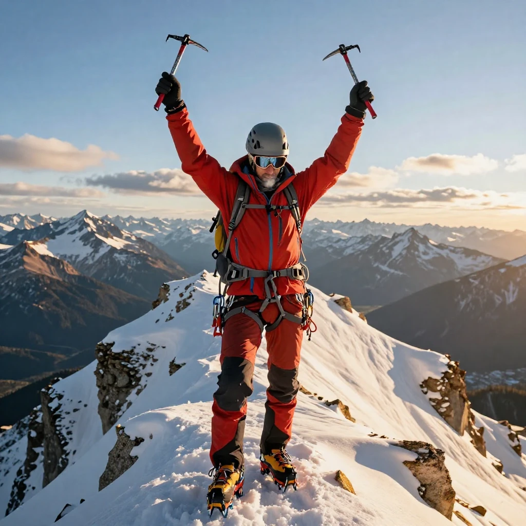 A mountain climber reaching a snowy summit with arms raised
