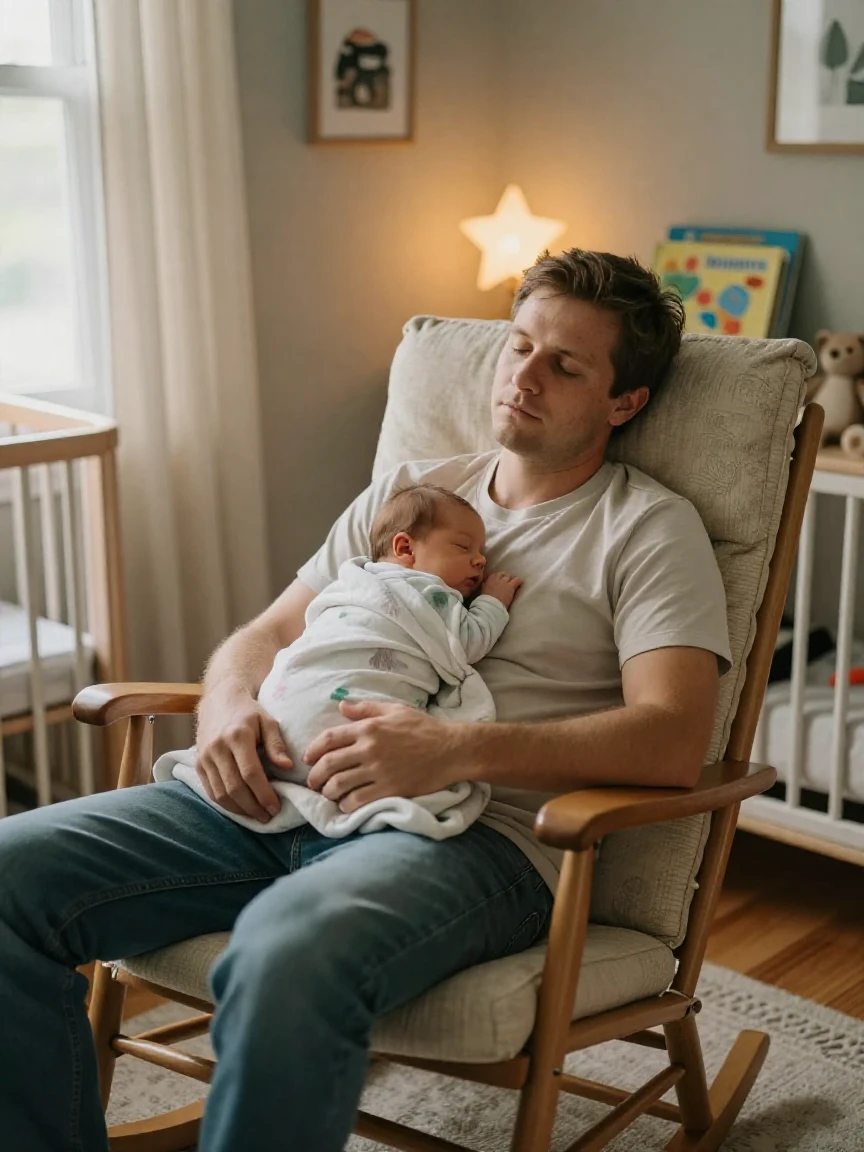A young father falls asleep in a rocking chair with his newborn resting on his chest.