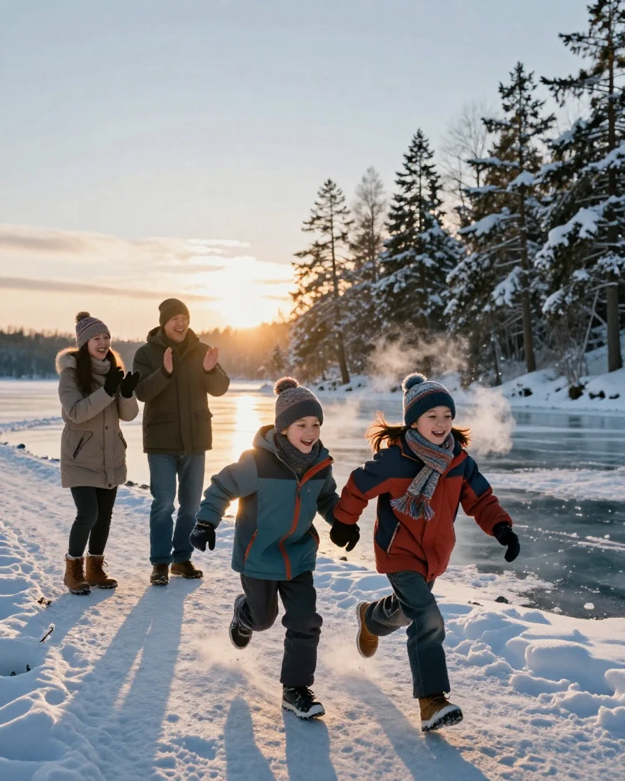 Siblings racing each other beside a frozen lake in winter while their parents watch and cheer