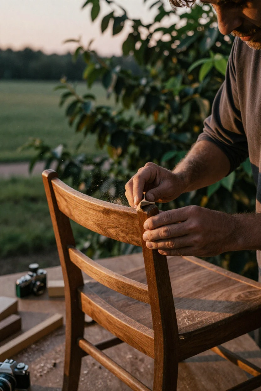 A carpenter sanding the edge of a handmade wooden chair, in the last light of dusk, amid gently falling snow, during the long days of summer, with deep emerald greens and browns, from a slightly elevated vantage point.