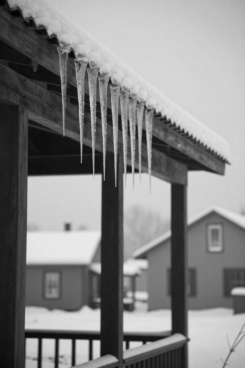 A row of icicles hangs from a snow-covered roofline above a quiet snowy porch.