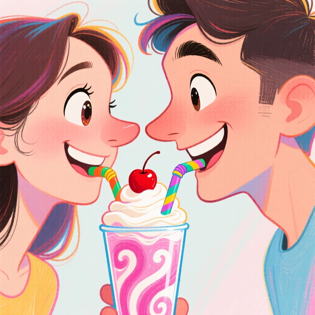 A young couple sharing one milkshake with two straws, noses almost touching, eyes locked.