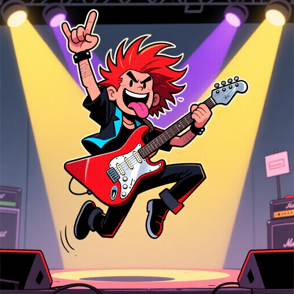 A charming portrait of a rock guitarist mid-jump on stage, spiked hair flying, tongue out, guitar held high above his head.
