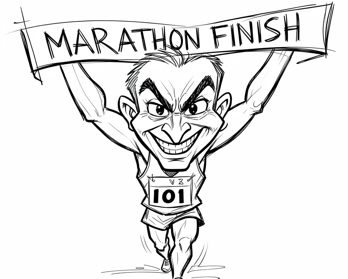 [People Portraits & Characters] Portrait of a determined marathon runner crossing the finish line with arms raised, full of personality and charm