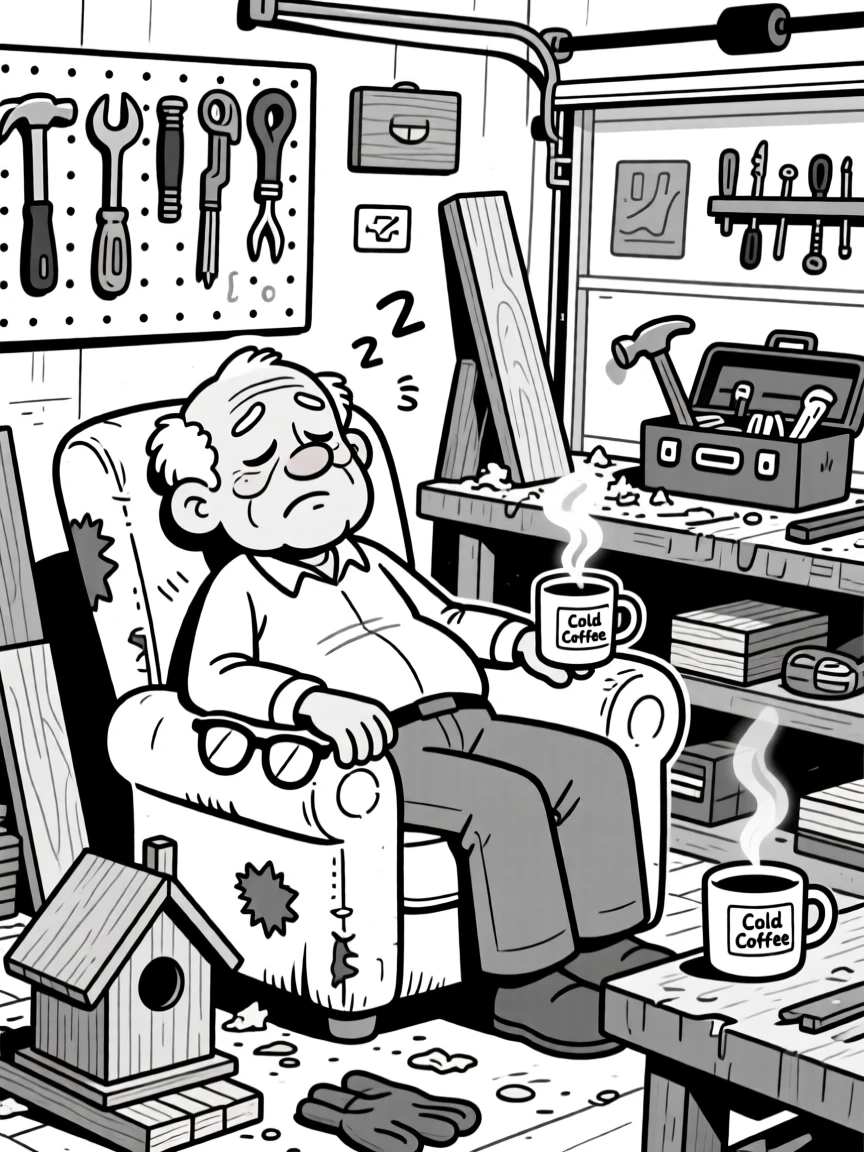 A grandfather dozing off in his favorite armchair, pretending to be asleep to avoid chores, set in a garage workshop smelling of sawdust. A cup of coffee has gone cold on the counter. The image captures the joyful mess of home life.