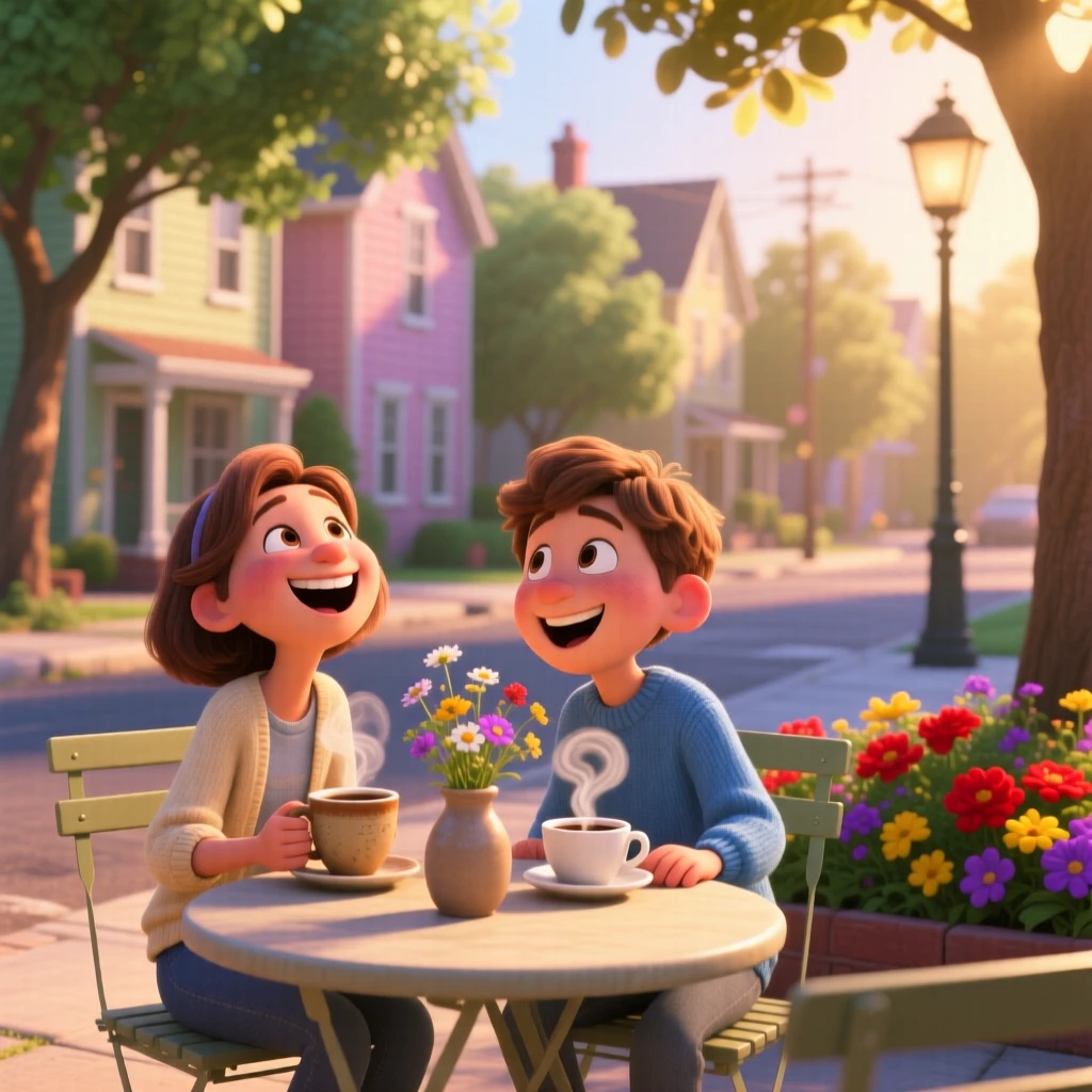 Two best friends sharing a laugh over coffee unfolds on a quiet neighborhood street at golden hour, with a gentle breeze rustling nearby leaves. A heartfelt sense of happiness fills the moment.