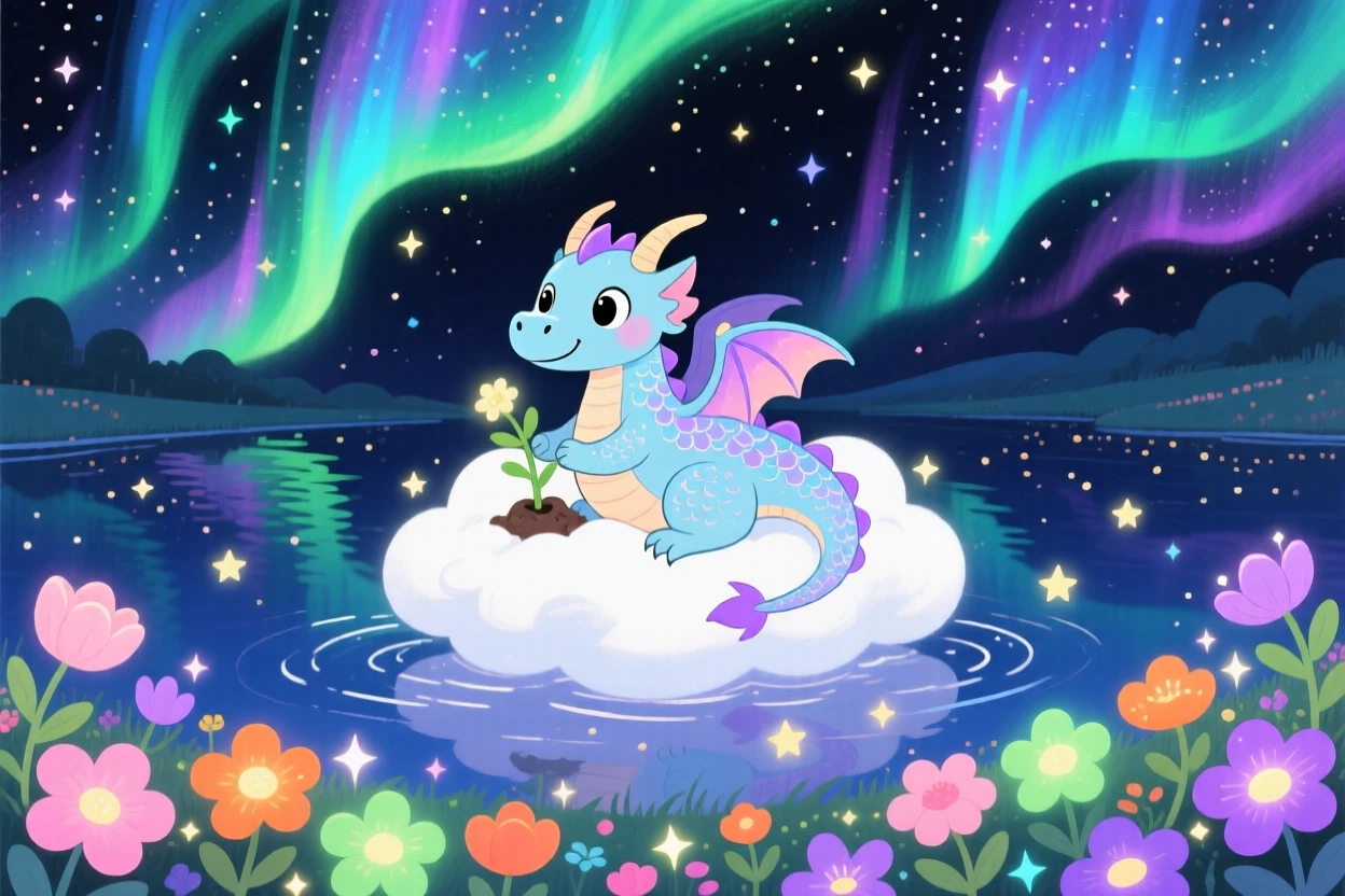 A cloud-riding dragon pauses from planting a garden of glowing flowers to marvel at a starlit lake, as the northern lights ripple overhead.